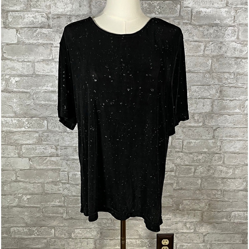 Voir Collection Black embellished Tunic Top Short Sleeve Plus 1X semi sheer